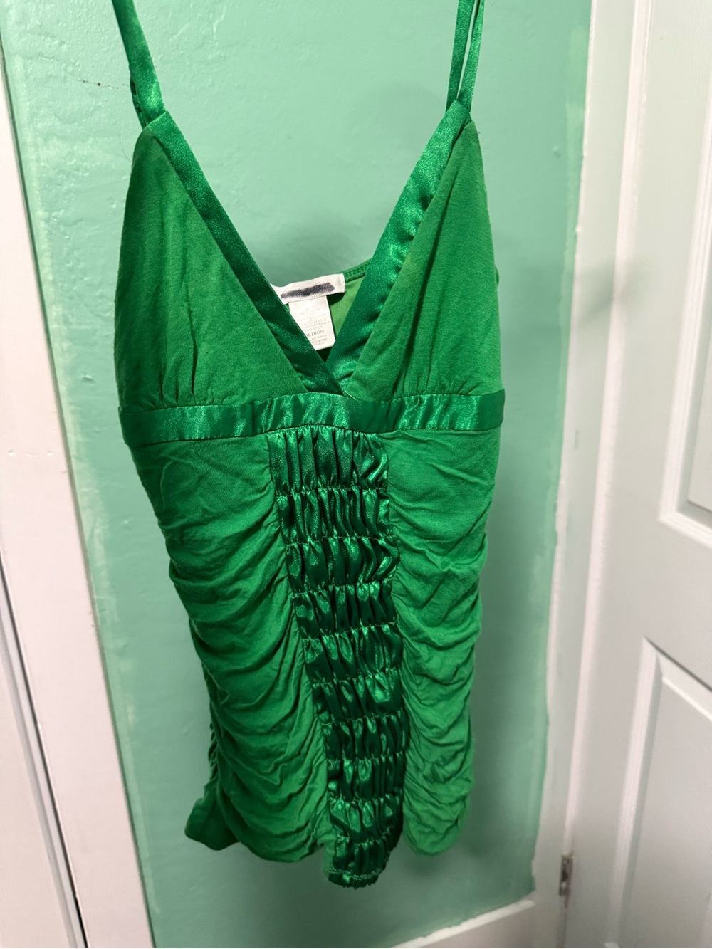 Vintage Y2K Charlotte Russe Emerald Green Ruched Satin-Trim Mini Dress
